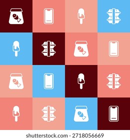 Set pop art Pedidos en línea de pescado, comida en el móvil, helado y icono de la caja de almuerzo. Vector