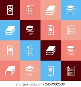 Set pop art Online quiz, test, survey, Book and Graduation cap with mouse icon. Vector