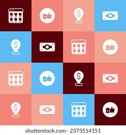 Set pop art Online shopping on screen, Hand like, Cash location and Stacks paper money cash icon. Vector