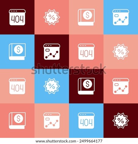 Set pop art Page with a 404 error, Discount percent tag, Financial book and Market analysis icon. Vector