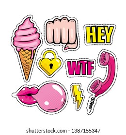 set pop art patch graphic and message