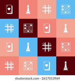Set pop art Playing cards, Chess, Tic tac toe game and Bingo icon. Vector