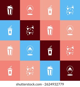 Set pop art Popcorn in cardboard box, Circus tent, Paper glass with water and Carnival garland flags icon. Vector