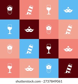 Set pop art Pope, Leaning tower in Pisa, Wine glass and Carnival mask icon. Vector