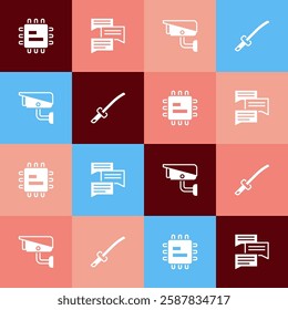 Set pop art Processor CPU, Speech bubble chat, Security camera and Katana icon. Vector