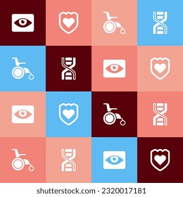 Set pop art Efecto de ojos rojos, sistema inmune, silla de ruedas para personas con discapacidad e icono del símbolo del ADN. Vector