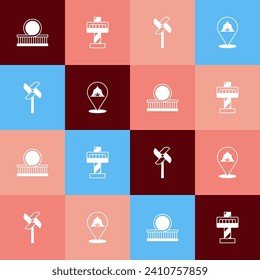 Set pop art Roller coaster, Attraction carousel, Pinwheel toy and Circus tent icon. Vector