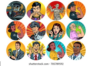 set pop art round icons characters avatar. retro vector illustration