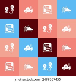 Establecer la ubicación de la ruta de arte pop, coche de taxi roto, App móvil de taxi e icono. Vector