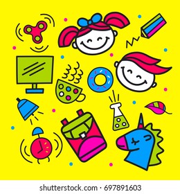 Set pop art school icons, labels, patches, tags, emoji, emoticon. Boy, girl, spinner, backpack, unicorn, computer, tube, watch. Vector illustration