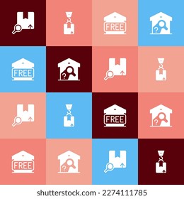 Set pop art Search package, Crane with cardboard box, Free storage and Warehouse check icon. Vector