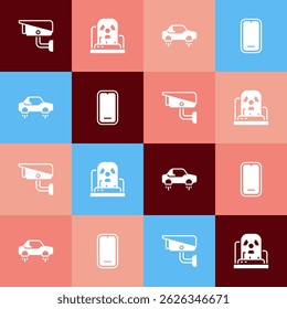 Set pop art Security camera, Radioactive warning lamp, Fantastic flying car and Mobile phone icon. Vector