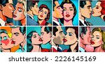 set of Pop art sexy woman with red lipstick kissing a man. Retro vector illustration. comic charactors. pop art husband and wife. Pop Art KIssing Couple set. for copy space and design assests
