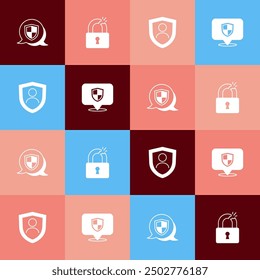 Set pop art Shield, Broken or cracked lock, Life insurance with shield and Location icon. Vector