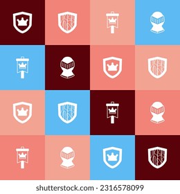 Set pop art Shield with crown, Medieval flag and helmet icon. Vector