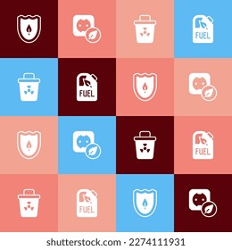 Set pop art Shield with leaf, Electrical outlet, Infectious waste and Bio fuel canister icon. Vector