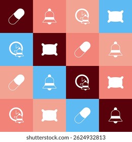 Set pop art Sleeping pill, Ringing bell, Alarm clock and Pillow icon. Vector
