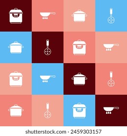 Set pop art Slow cooker, Frying pan on fire, Cooking pot and Spatula icon. Vector