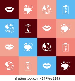 Set pop art Smiling lips, Heart, International Women Day and Greeting card with 8 March icon. Vector