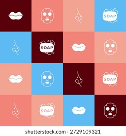 Set pop art labios sonrientes, máscara cosmética facial, acné y barra de icono de jabón. Vector