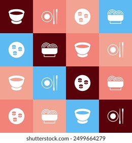 Set pop art Soy sauce in bowl, Food chopsticks with plate, Sushi and Asian noodles icon. Vector