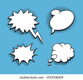 Set of pop art speech bubbles without text. Cartoon style vector collection of frames. Comic illustration on blue background