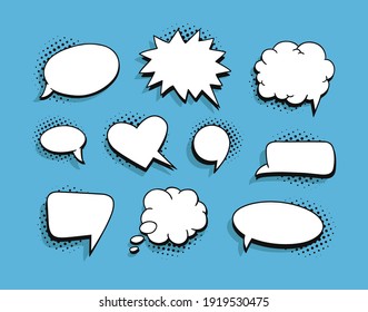 Conjunto de burbujas de discursos de arte pop sin texto. Colección vectorial de cuadros con estilo de dibujos animados. Ilustración cómica sobre fondo azul