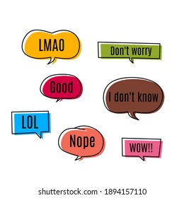 Set Of Pop Art Speech Colored Text Design With Handwriting Bubble Chat Decoration. Give Expression Icon. Lmao, Good, Don't Worry, Nope, I Don't Know, Lol, Wow Text. Vector Flat Design Style