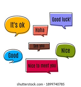 Set Of Pop Art Speech Colored Text Design With Handwriting Bubble Chat Decoration. Give Expression Icon. It's Ok, Good Luck, See You, Haha, Good, Nice To Meet You, Nice Text. Vector Flat Design Style