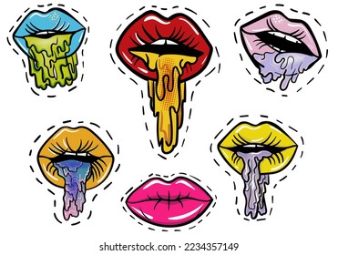 Set of pop art stickers of the different colours lips. Hand-drawn vector illustration.