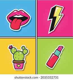 Set of pop art stickers, lips, lightning, cactus, lipstick.