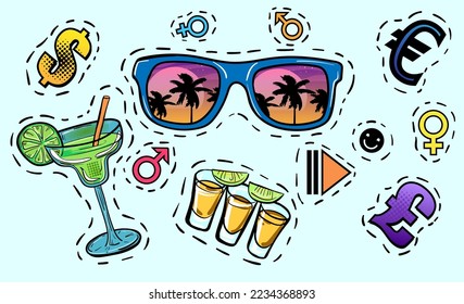 Set von Pop-Art-Aufklebern der Sonnenbrille, Cocktail, Tequila-Aufnahmen und Geldzeichen. Handgezeichnete Vektorgrafik.