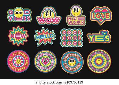 Set of Pop Art Stickers Vector Design. Cool Trendy Emoticon Smile Patches. Cute Badges.