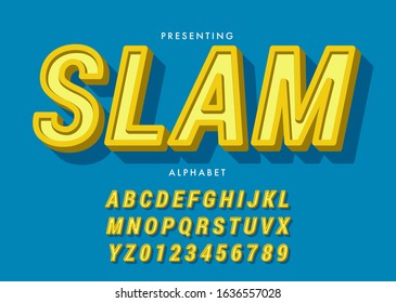 Set of pop art style alphabet letters and numbers with 3d extrude effect for t-shirt design, poster headline, logotype