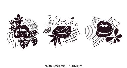 Set of Pop Art style comic book panel composition with black lips and graphic elements on the white background. Vector Illustration