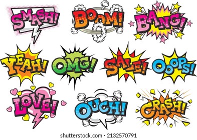 Juego de burbujas de palabras cómicas de estilo de arte pop