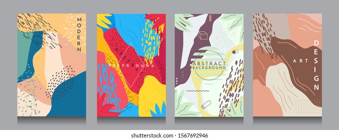Set of pop art style covers. Vector abstract illustration. Wallpapers  collection. Website template pack.  Fluid design with dots. Color Memphis pattern. Fashion 80-90s. Retro graphic backgrounds