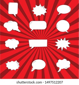 Set in pop art style. White empty comic speech bubbles on colorful background. Vector illustration
