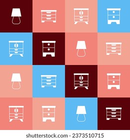 Set pop art Table lamp, Chest of drawers,  and Furniture nightstand icon. Vector