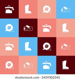 Set pop art Teapot, Waterproof rubber boot, Leaf and Wooden log icon. Vector