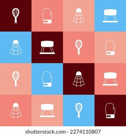 Set pop art Tennis racket, Boxing glove, Badminton shuttlecock and Pommel horse icon. Vector