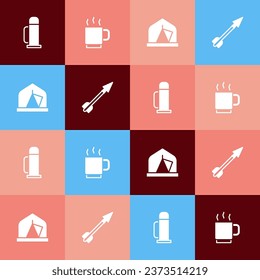 Establezca un contenedor de arte pop Thermos, taza de café, tienda de campaña turística e icono de flecha medieval. Vector
