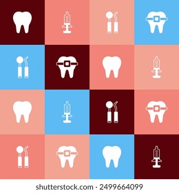 Set pop art Tooth, Syringe, Dental mirror and probe and Teeth with braces icon. Vector