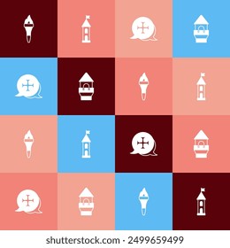 Set pop art Torch flame, Castle tower, Crusade and  icon. Vector