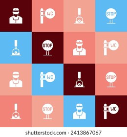 Set pop art Train conductor, Toilet, Arrow for switching the railway and Stop sign icon. Vector
