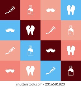 Set pop art Tube of toothpaste, Mouthwash, Safety goggle glasses and Broken icon. Vector