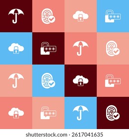 Set pop art Umbrella, Fingerprint, Cloud computing lock and Cyber security icon. Vector