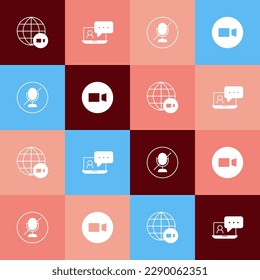 Establecer la conferencia de vídeo de arte pop, silenciar el micrófono y el icono. Vector