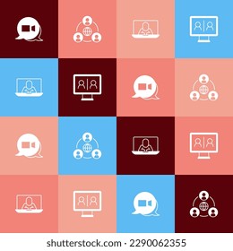 Set pop art Video chat conference, Meeting,  and  icon. Vector