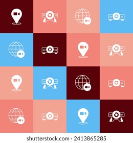 Set pop art Video chat conference, Web camera,  and Movie, film, media projector icon. Vector